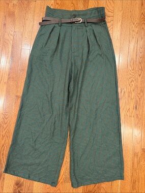 Cider Green Plaid High-Waist Wide-Leg Pants